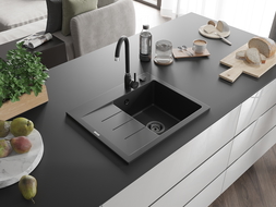 Mexen Ben évier en granit 1 bac avec égouttoir droit 600 x 500 mm, noir, siphon noir - 6523605000-77-B