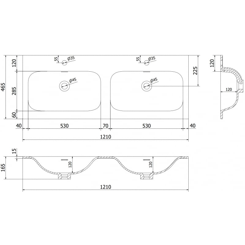 Mexen Vela lavabo encastré double 121 x 46,5 cm, blanc mat - 25231201D