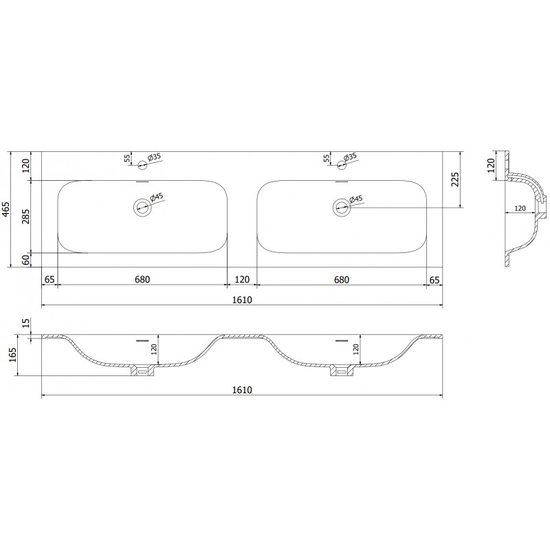 Mexen Vela lavabo encastré sous plan double 161 x 46,5 cm, noir mat - 25231671D