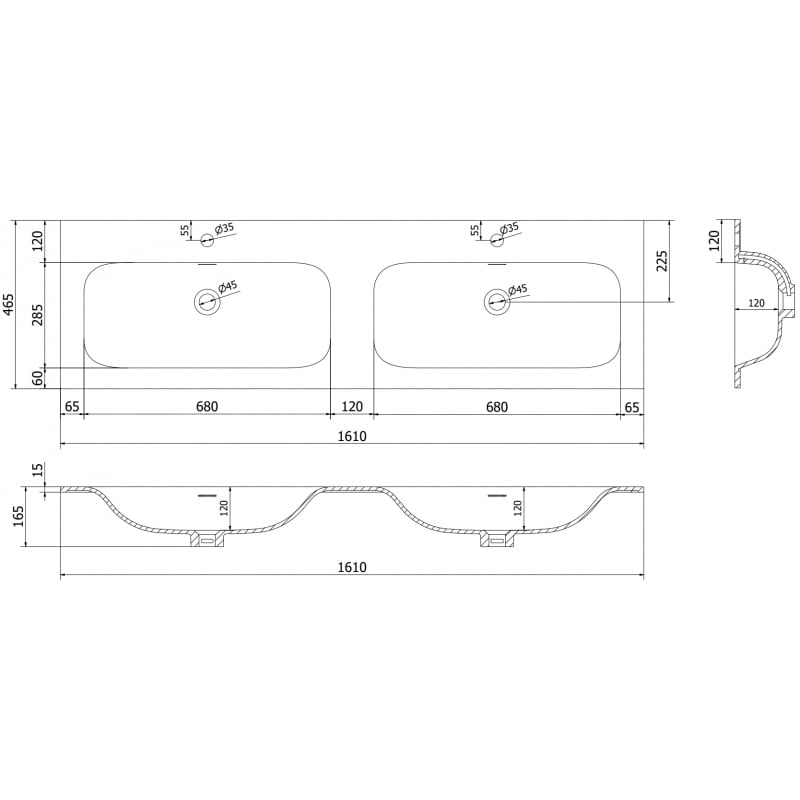 Mexen Vela lavabo encastré double 161 x 46,5 cm, blanc brillant - 25231600D