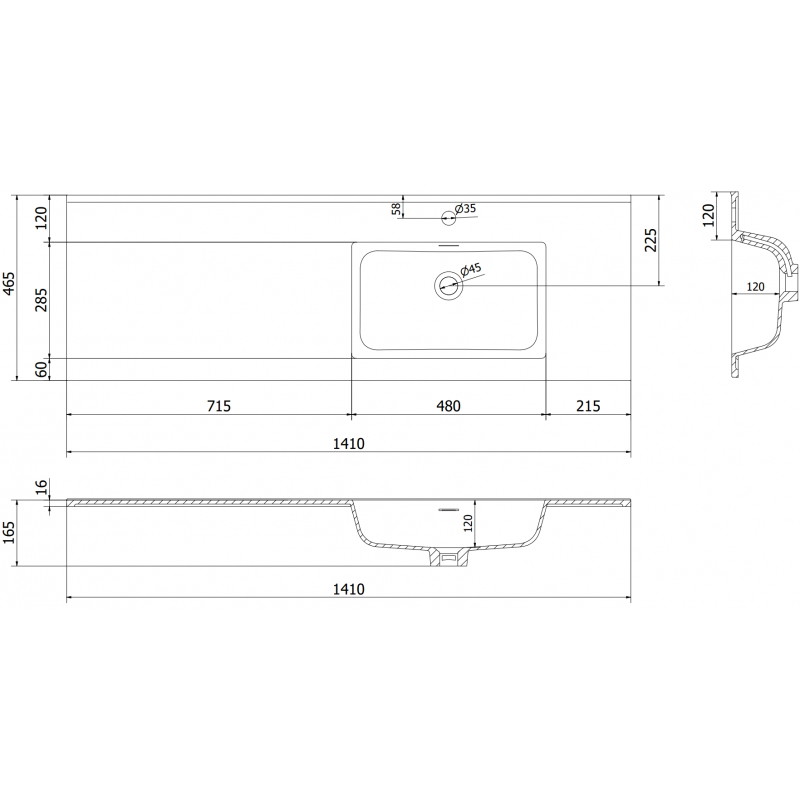 Mexen Otis lavabo encastré sur plan à droite 141 x 46,5 cm, noir mat - 25181471P