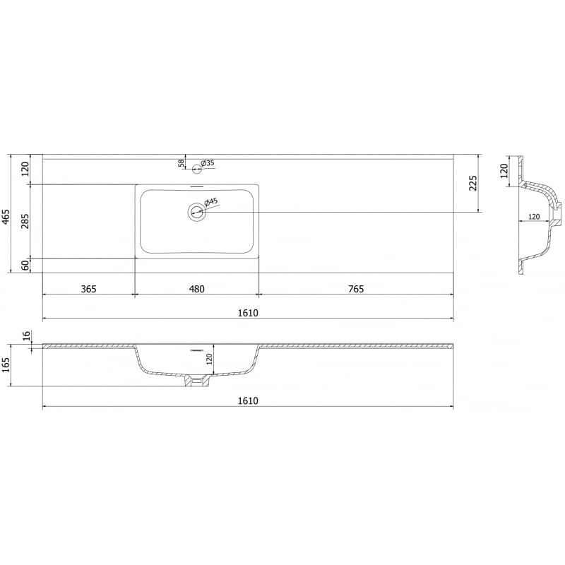 Mexen Otis lavabo encastré à gauche 161 x 46,5 cm, blanc mat - 25181601L