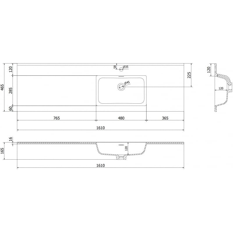 Mexen Otis lavabo encastré à droite 161 x 46,5 cm, blanc brillant - 25181600P