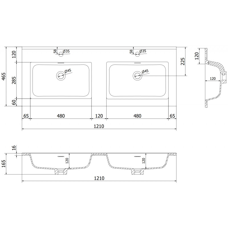 Mexen Otis lavabo encastré double 121 x 46,5 cm, blanc mat - 25181201D