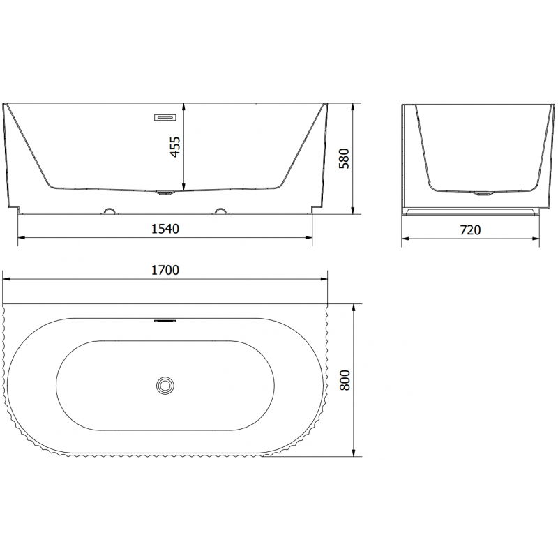 Mexen Sella baignoire autoportante murale rainurée 170 x 80 cm, blanc brillant, trop-plein en gun metal - 52711708000-95