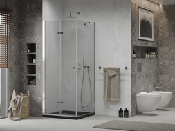 Mexen Lima cabine de douche pliante 80 x 80 cm, transparente, chrome + receveur Flat, noir - 856-080-080-01-00-4070