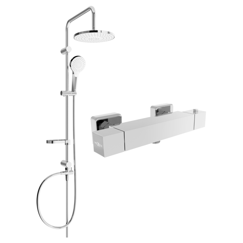Mexen Erik ensemble de douche en saillie avec pomme de douche et mitigeur thermostatique Cube, chrome - 77200205-00