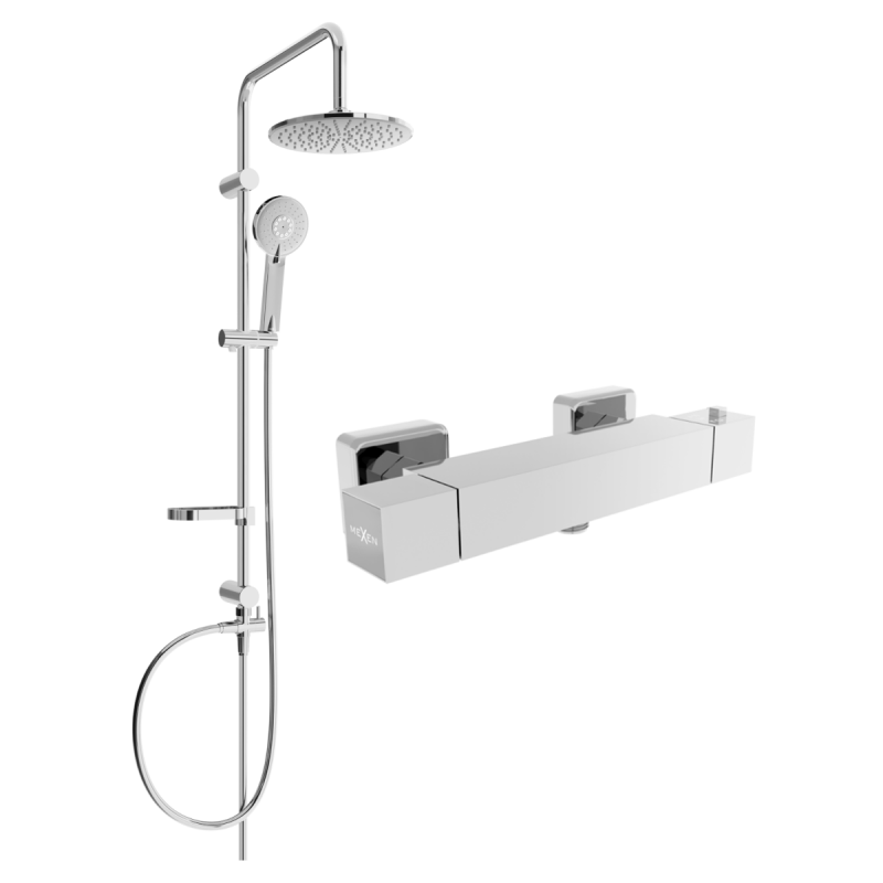 Ensemble de douche apparent Mexen Carl avec pommeau de douche et mitigeur thermostatique Cube, chromé - 77200240-00