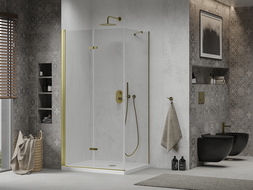 Mexen Lima cabine de douche pliable 100 x 70 cm, transparent, dorée + bac à douche Flat - 856-100-070-50-00-4010
