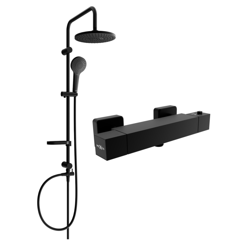 Mexen Erik ensemble de douche en saillie avec pomme de douche et robinet thermostatique Cube, noir - 77200205-70