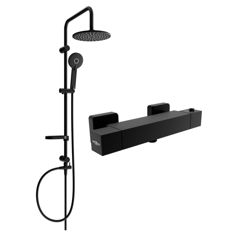 Mexen Carl ensemble de douche en saillie avec pommeau de douche et robinet thermostatique Cube, noir - 77200240-70
