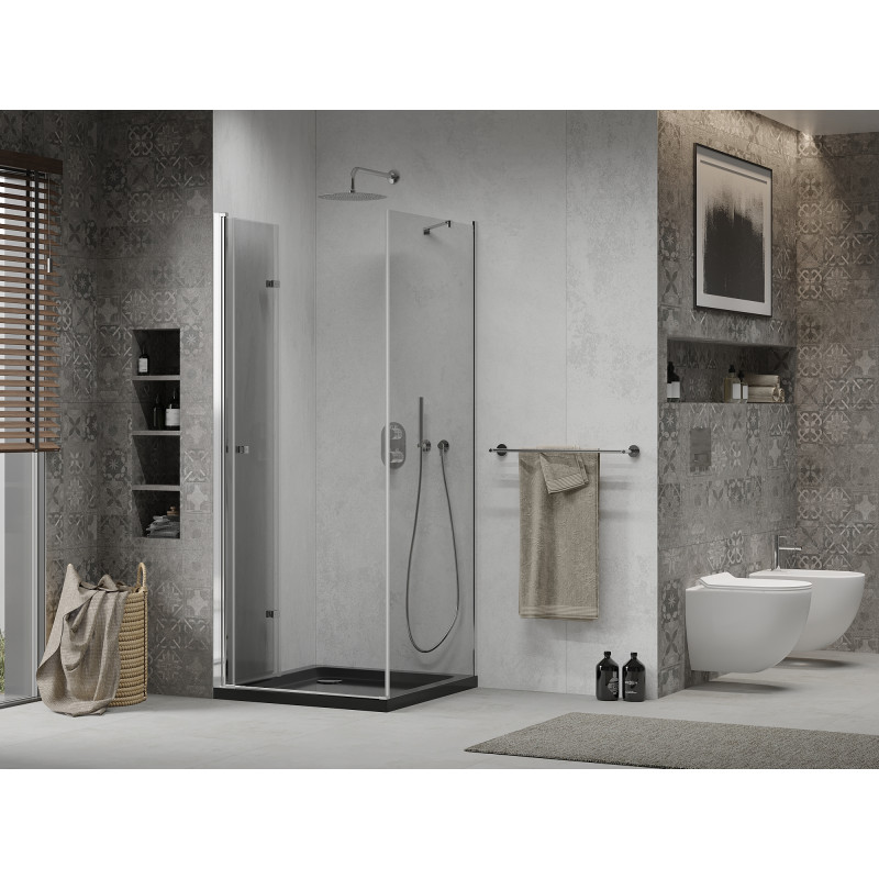 Mexen Lima cabine de douche pliante 90 x 90 cm, transparent, chromée + receveur Flat, noir - 856-090-090-01-00-4070