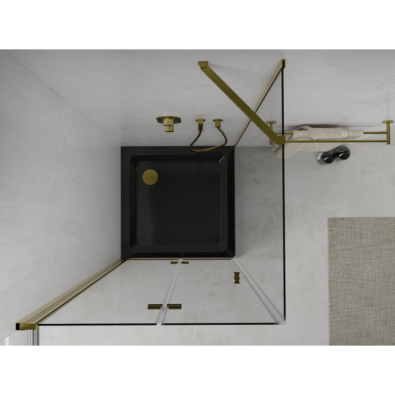 Mexen Lima cabine de douche pliante 80 x 80 cm, transparente, dorée + receveur de douche Flat, noir - 856-080-080-50-00-4070G