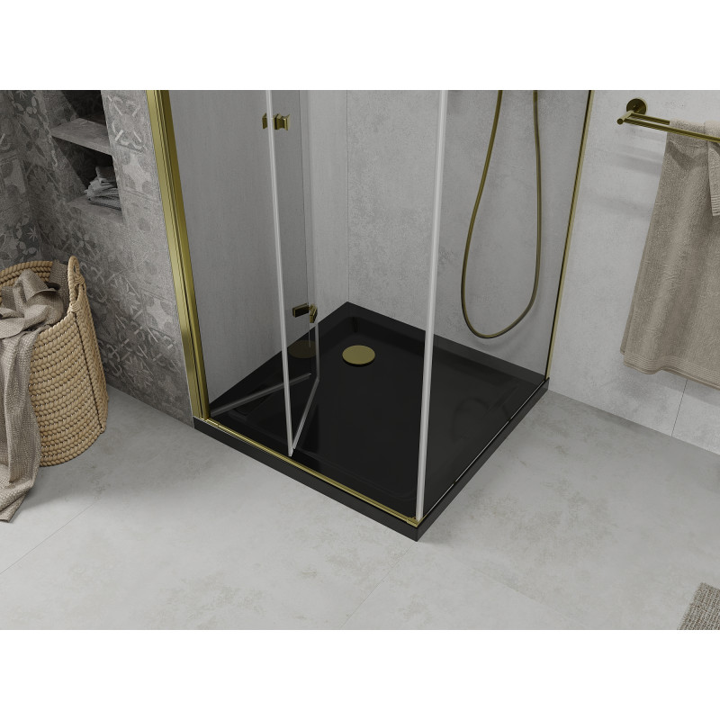 Mexen Lima cabine de douche pliante 80 x 80 cm, transparente, dorée + receveur de douche Flat, noir - 856-080-080-50-00-4070G