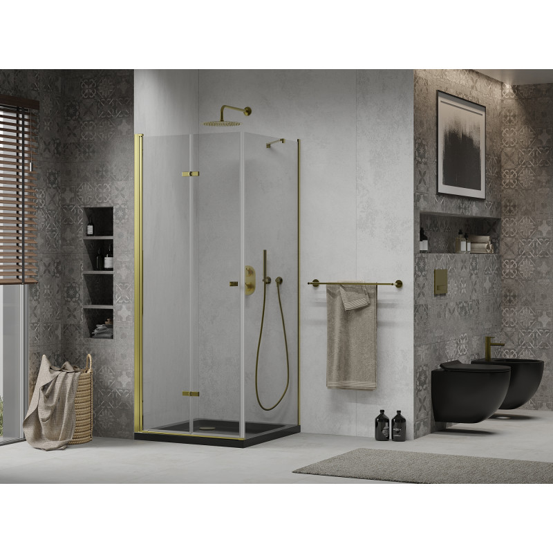 Mexen Lima cabine de douche pliante 80 x 80 cm, transparente, dorée + receveur de douche Flat, noir - 856-080-080-50-00-4070G