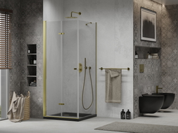 Mexen Lima cabine de douche pliante 80 x 80 cm, transparente, dorée + receveur de douche Flat, noir - 856-080-080-50-00-4070G