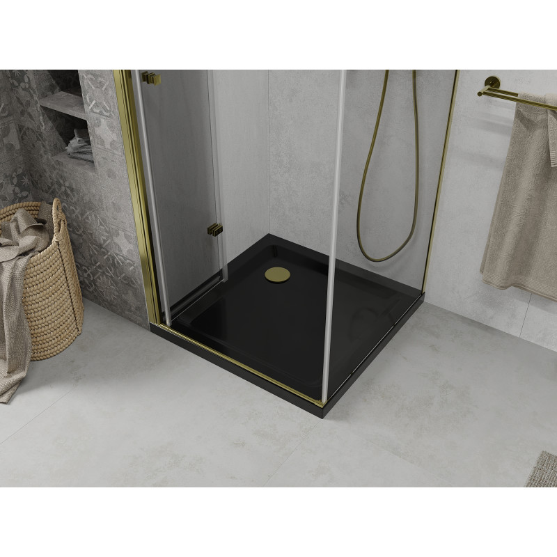 Mexen Lima cabine de douche pliante 90 x 90 cm, transparente, dorée + receveur de douche Flat, noir - 856-090-090-50-00-4070G
