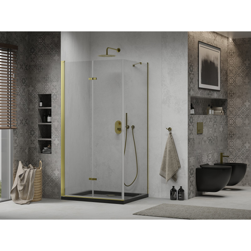 Mexen Lima cabine de douche pliable 90 x 100 cm, transparent, or + receveur Flat, noir - 856-090-100-50-00-4070G