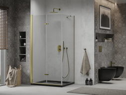 Mexen Lima cabine de douche pliable 90 x 100 cm, transparent, or + receveur Flat, noir - 856-090-100-50-00-4070G