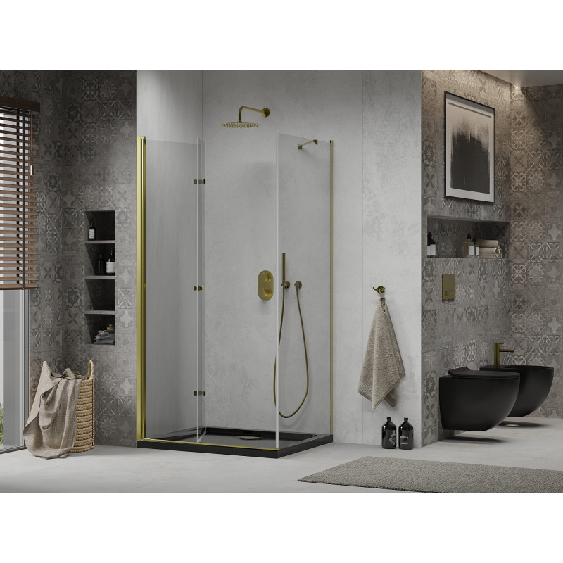Mexen Lima cabine de douche pliante 100 x 90 cm, transparente, or + receveur de douche Flat, noir - 856-100-090-50-00-4070G
