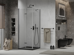 Mexen Lima cabine de douche pliante 80 x 80 cm, transparent, noir + receveur de douche Flat, noir - 856-080-080-70-00-4070B