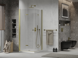 Mexen Lima Duo cabine de douche pliante 80 x 80 cm, transparent, or + receveur plat - 856-080-080-50-02-4010G