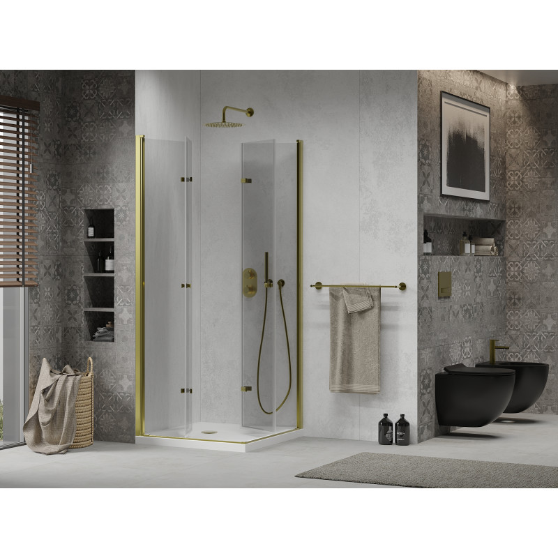 Mexen Lima Duo cabine de douche pliante 90 x 90 cm, transparente, dorée + bac à douche plat - 856-090-090-50-02-4010G