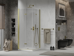 Mexen Lima Duo cabine de douche pliante 90 x 90 cm, transparente, dorée + bac à douche plat - 856-090-090-50-02-4010G