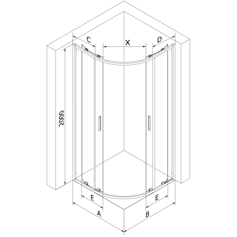 Mexen Exo-S Duo cabine de douche semi-circulaire asymétrique coulissante 90 x 80 cm, transparente, noire - 8132-090-080-70-00