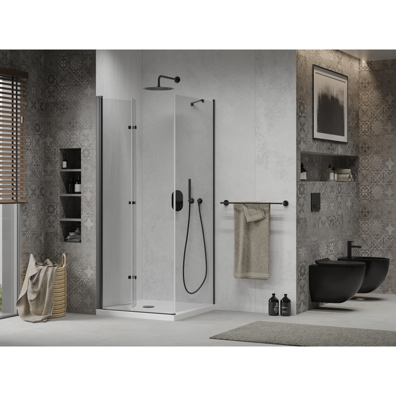 Mexen Lima cabine de douche pliante 90 x 90 cm, transparente, noire + receveur Flat, blanc - 856-090-090-70-00-4010B