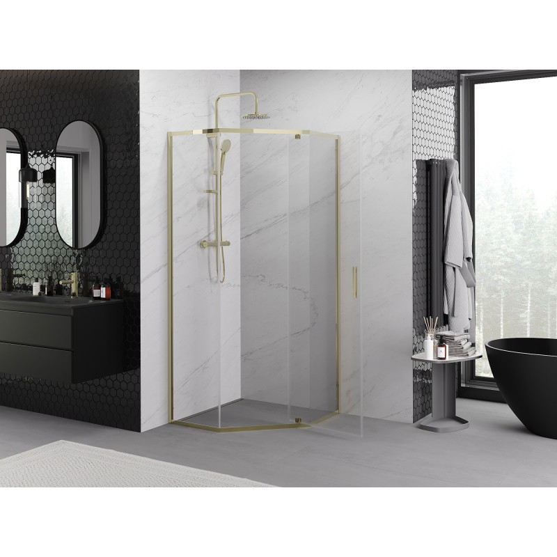 Mexen Exo-R cabine de douche pentagonale pivotante 90 x 90 cm, transparente, dorée - 812-090-090-50-00