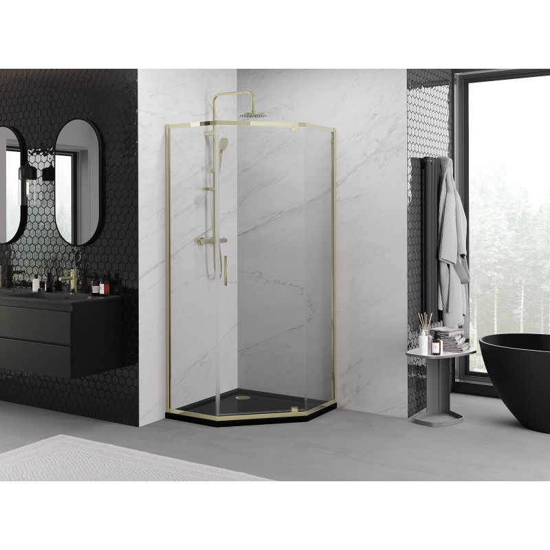 Mexen Exo-R cabine de douche pentagonale pivotante 100 x 100 cm, transparent, or - 812-100-100-50-00
