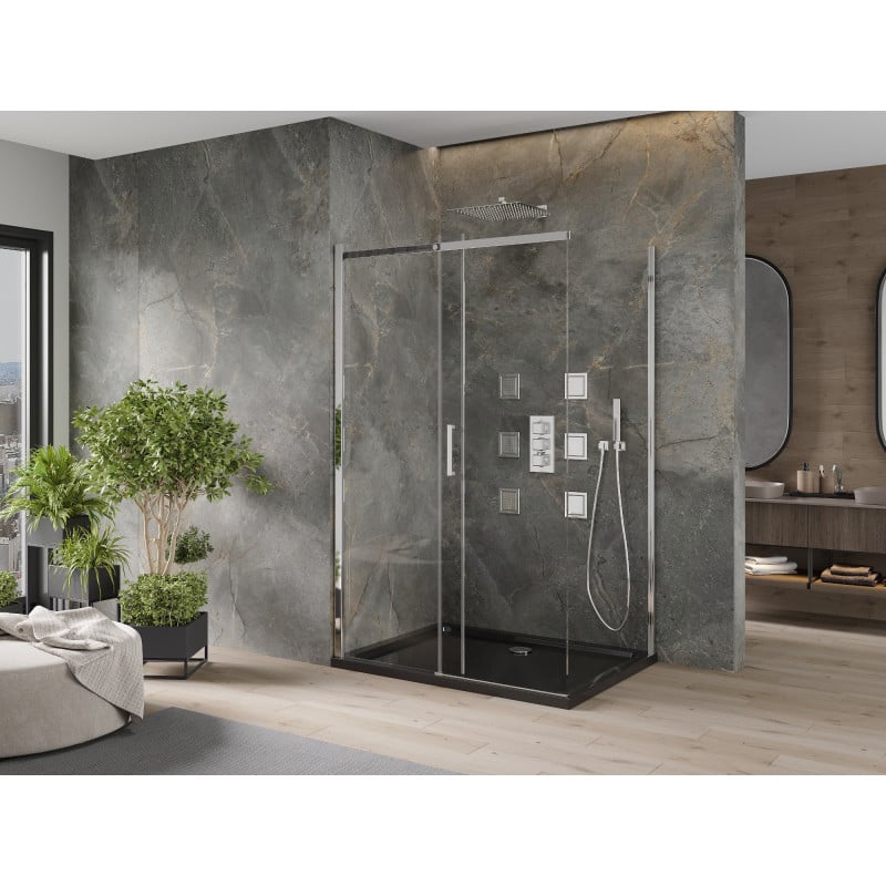 Mexen Omega cabine de douche coulissante 120 x 80 cm, transparent, chromé + receveur Flat, noir - 825-120-080-01-00-4070