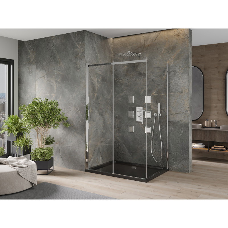 Mexen Omega cabine de douche coulissante 120 x 80 cm, transparent, chromé + receveur Flat, noir - 825-120-080-01-00-4070
