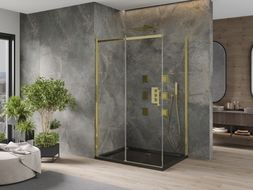 Mexen Omega cabine de douche coulissante 100 x 90 cm, transparent, or + receveur Flat, noir - 825-100-090-50-00-4070G