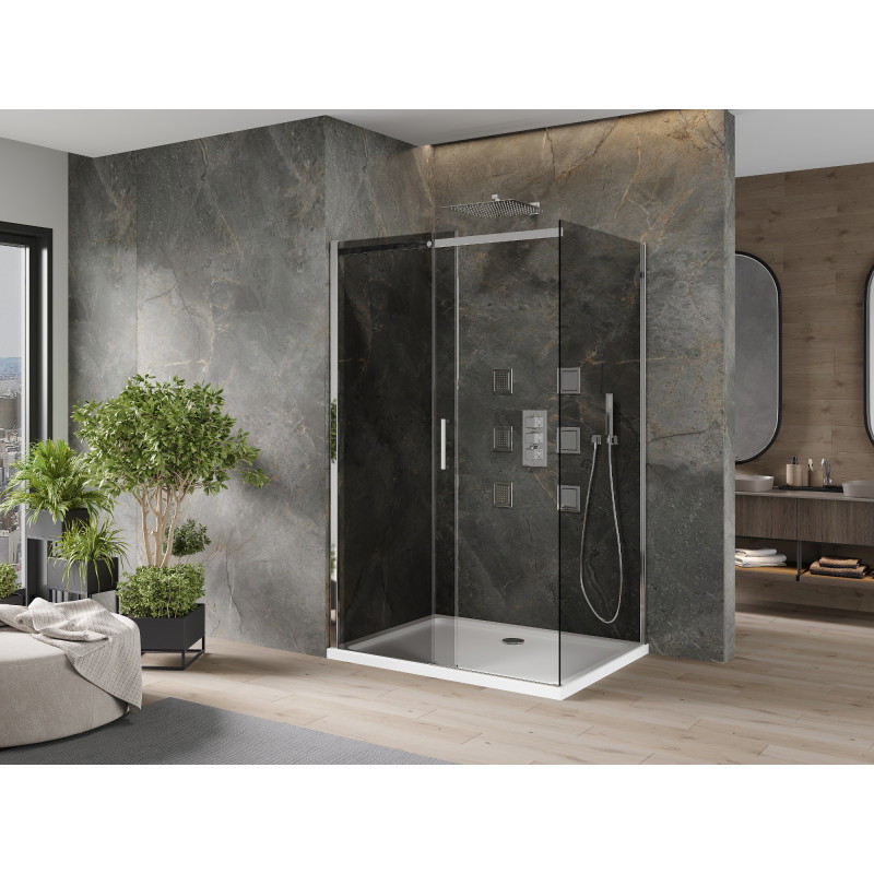 Mexen Omega cabine de douche coulissante 130 x 100 cm, graphite, chrome + receveur Flat, blanc - 825-130-100-01-40-4010