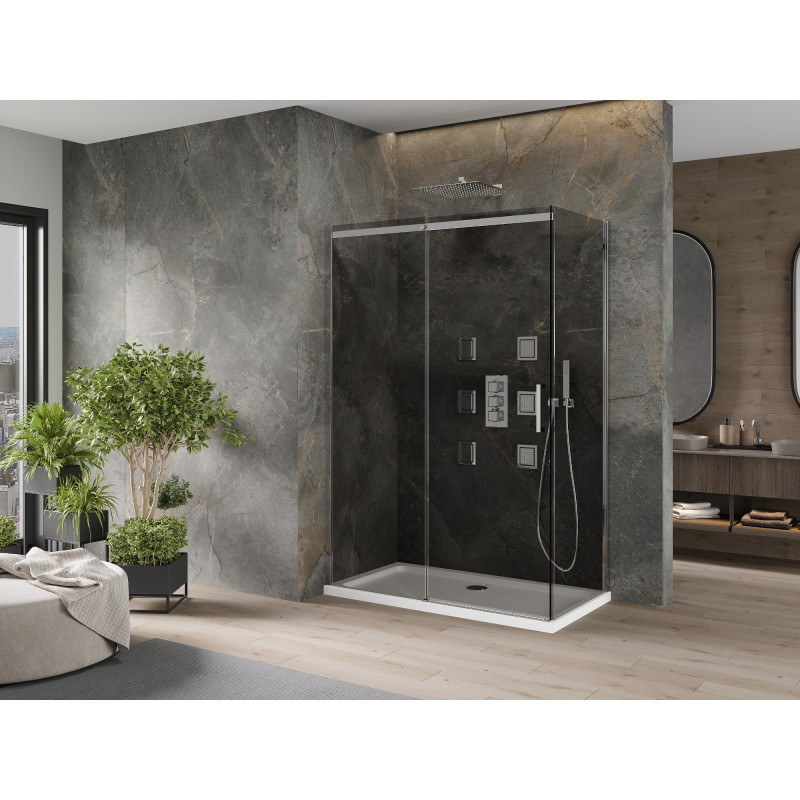 Mexen Omega cabine de douche coulissante 140 x 80 cm, graphite, chrome + receveur Flat, blanc - 825-140-080-01-40-4010