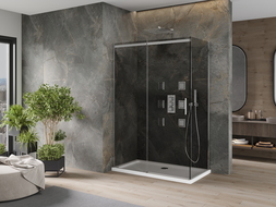 Cabine de douche coulissante Mexen Omega 140 x 80 cm, graphite, chrome + receveur plat, blanc - 825-140-080-01-40-4010
