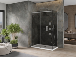Mexen Omega cabine de douche coulissante 140 x 80 cm, graphite, chrome + receveur Flat, blanc - 825-140-080-01-40-4010