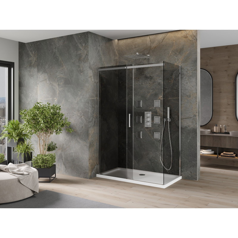Mexen Omega cabine de douche coulissante 140 x 80 cm, graphite, chrome + receveur Flat, blanc - 825-140-080-01-40-4010