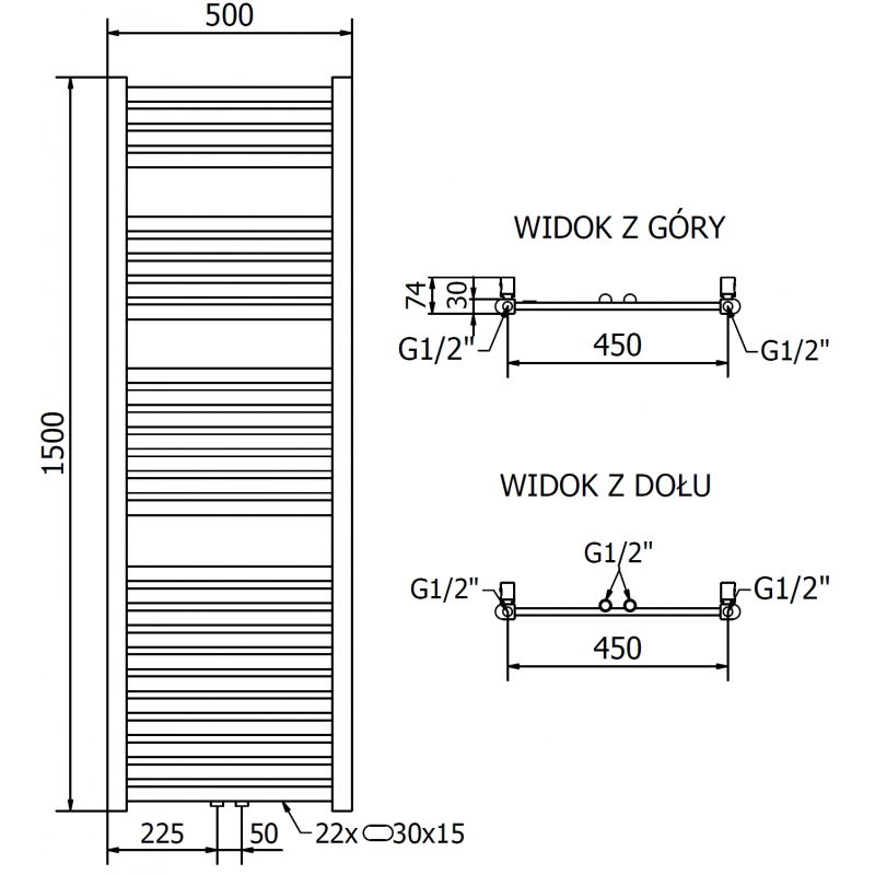 Mexen Hades radiateur de salle de bain 1500 x 500 mm, 555 W, doré - W104-1500-500-00-50