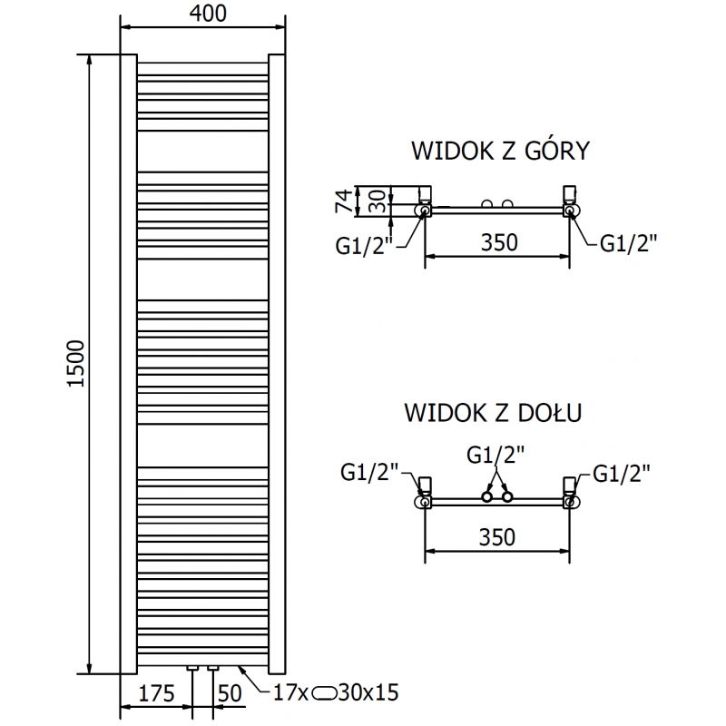 Mexen Hades radiateur de salle de bain 1500 x 400 mm, 461 W, doré - W104-1500-400-00-50