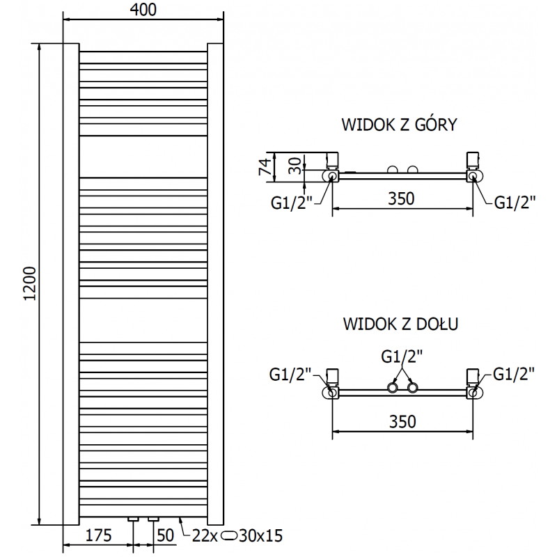Mexen Hades radiateur de salle de bain 1200 x 400 mm, 373 W, doré - W104-1200-400-00-50