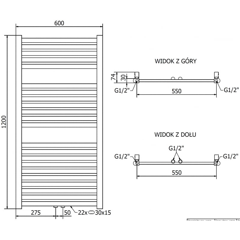Mexen Hades radiateur de salle de bain 1200 x 600 mm, 527 W, doré - W104-1200-600-00-50