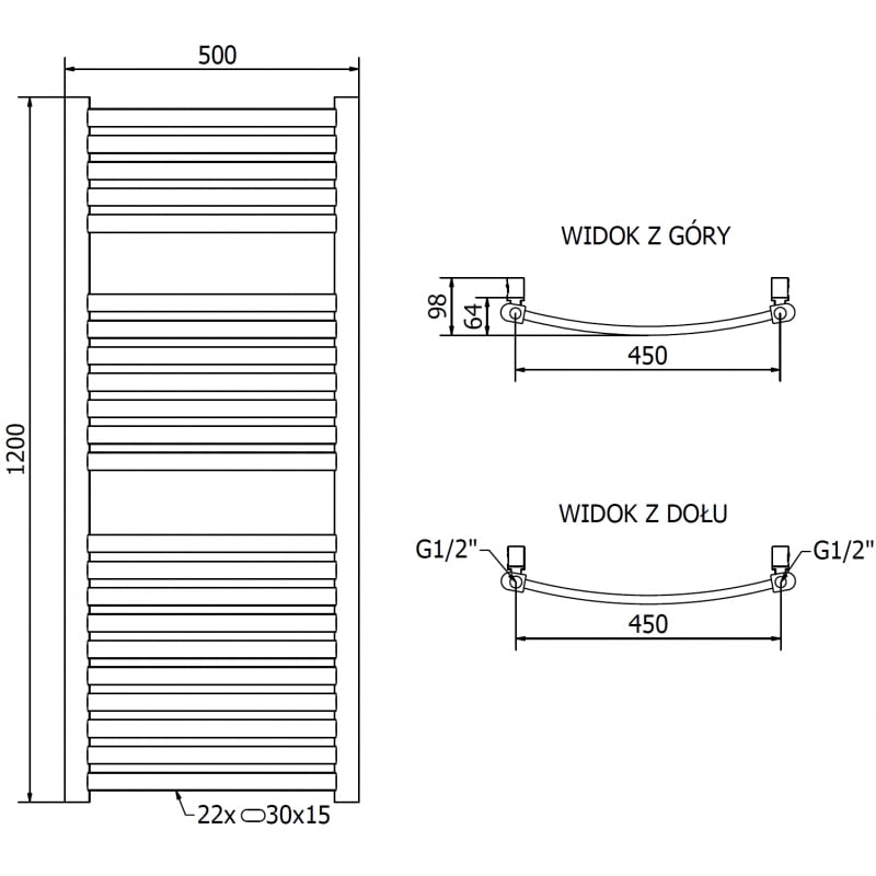 Mexen Helios radiateur de salle de bain 1200 x 500 mm, 448 W, doré - W103-1200-500-00-50
