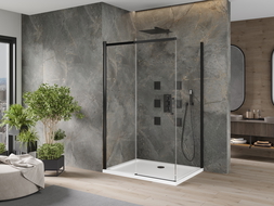 Mexen Omega cabine de douche coulissante 130 x 100 cm, transparent, noir + receveur Flat, blanc - 825-130-100-70-00-4010B