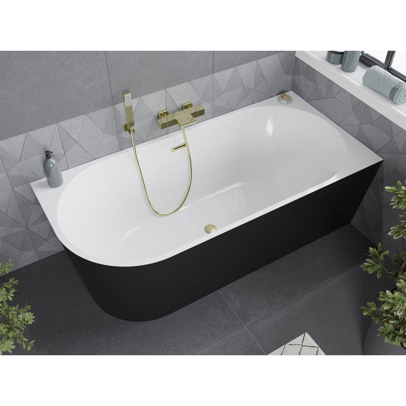 Mexen Mia baignoire autoportante d'angle droite 140 x 75 cm, blanc/noir, trop-plein or brossé - 52691407575P-55