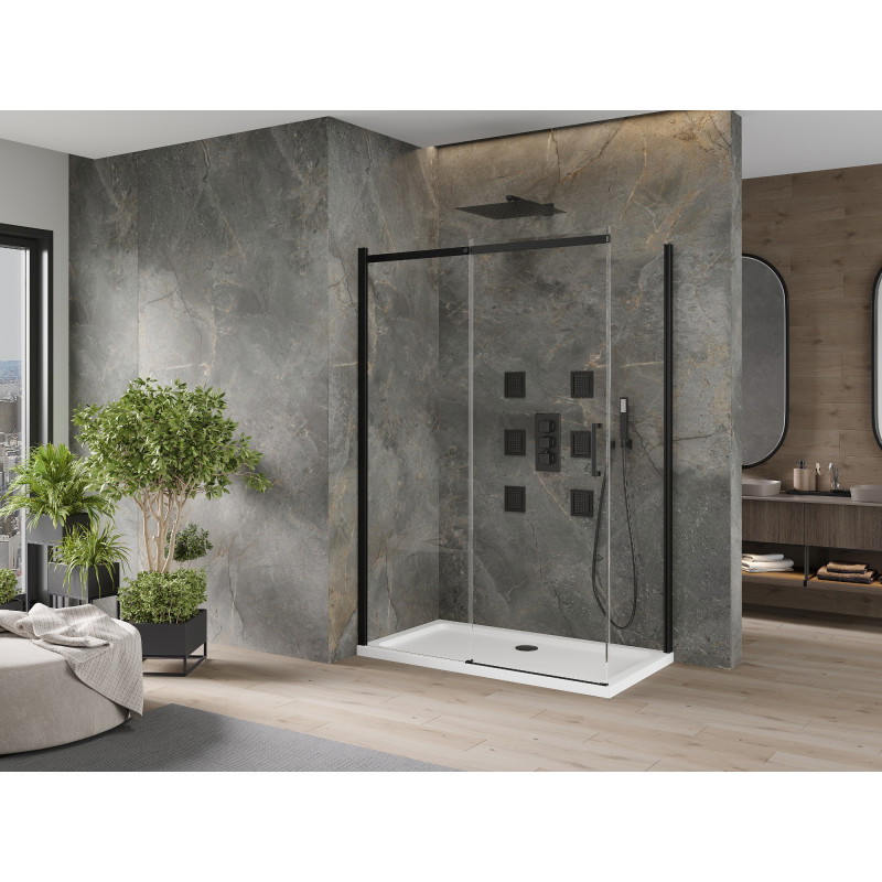 Mexen Omega cabine de douche coulissante 140 x 80 cm, transparent, noir + receveur Flat, blanc - 825-140-080-70-00-4010B