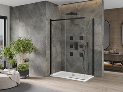 Mexen Omega cabine de douche coulissante 140 x 80 cm, transparent, noir + receveur Flat, blanc - 825-140-080-70-00-4010B