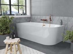 Mexen Mia baignoire autoportante d'angle gauche 140 x 75 cm, blanche, trop-plein or rose - 52691407500L-60